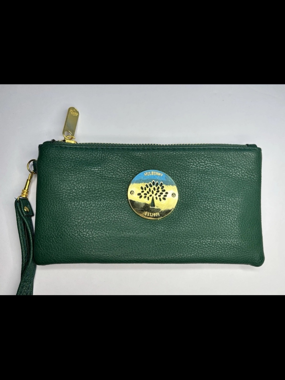 Mulberry Forest Green Leather Wristlet with Gold-Tone Logo